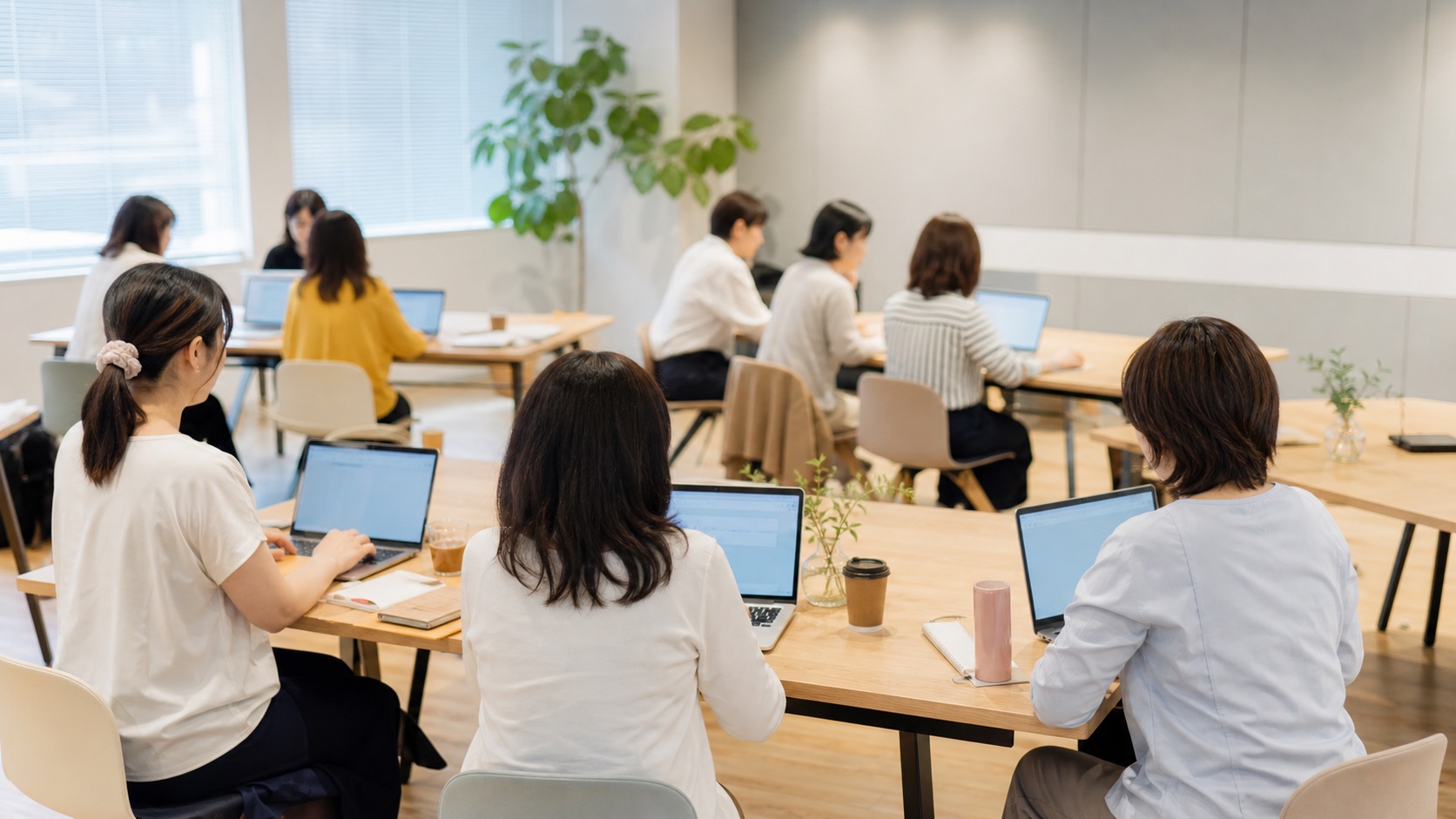 明るい会議室で複数の女性がノートパソコンを使って学習している様子